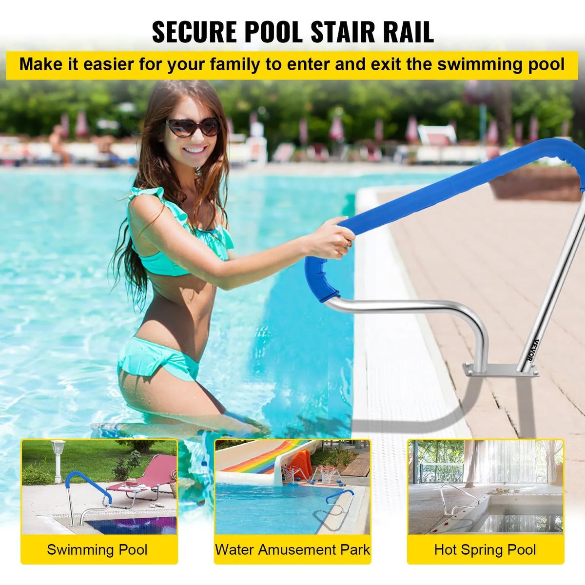 VEVOR Pool Handrails 99 × 81 cm, 304 Stainless Steel Safety Handrails for Swimming Pools with 113 kg Load Capacity, Silver, Rust-Resistant, with Blue Grip Cover, M8 Drill Bits and Self-Tapping Screws