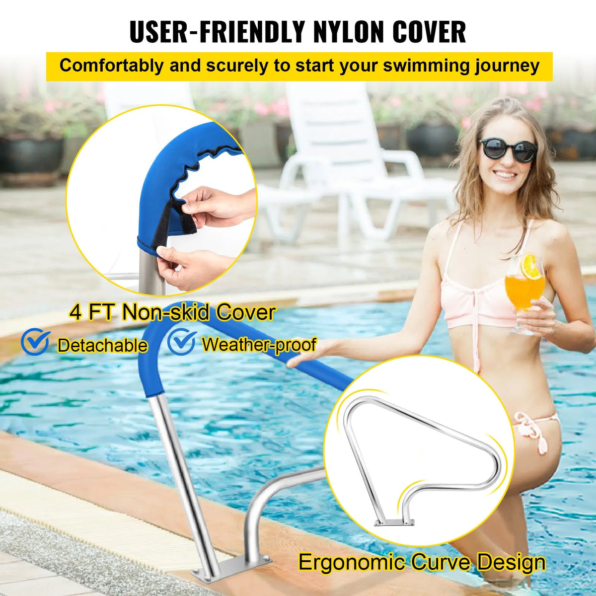 VEVOR Pool Handrails 99 × 81 cm, 304 Stainless Steel Safety Handrails for Swimming Pools with 113 kg Load Capacity, Silver, Rust-Resistant, with Blue Grip Cover, M8 Drill Bits and Self-Tapping Screws