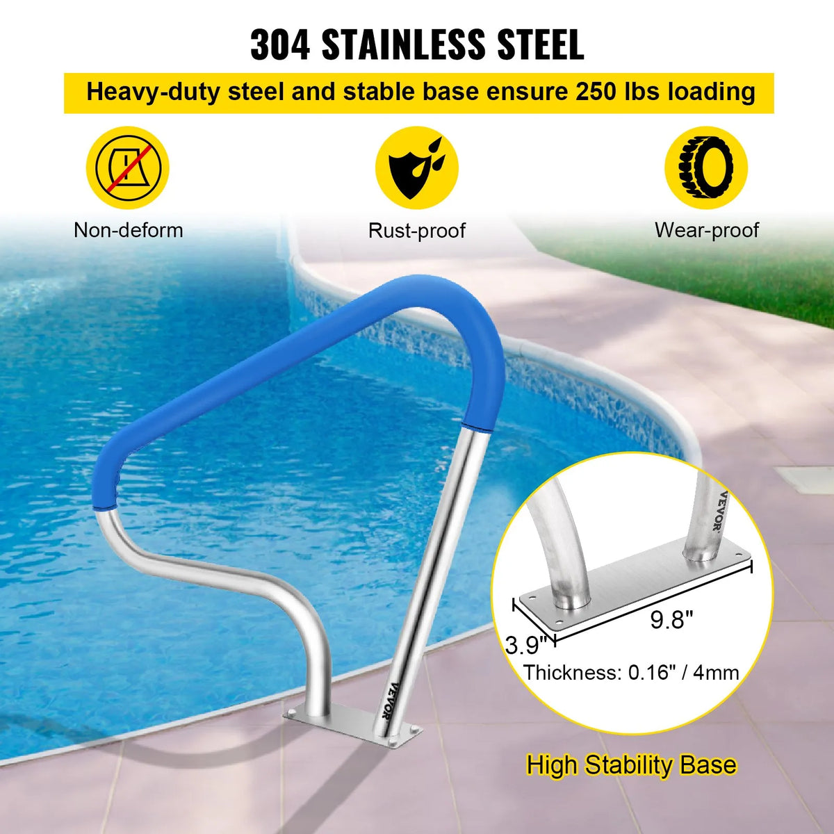 VEVOR Pool Handrails 99 × 81 cm, 304 Stainless Steel Safety Handrails for Swimming Pools with 113 kg Load Capacity, Silver, Rust-Resistant, with Blue Grip Cover, M8 Drill Bits and Self-Tapping Screws