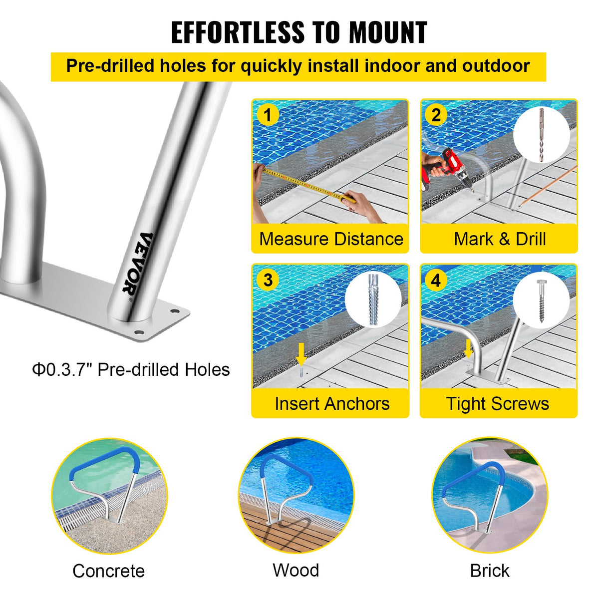 VEVOR Pool Handrails 99 × 81 cm, 304 Stainless Steel Safety Handrails for Swimming Pools with 113 kg Load Capacity, Silver, Rust-Resistant, with Blue Grip Cover, M8 Drill Bits and Self-Tapping Screws