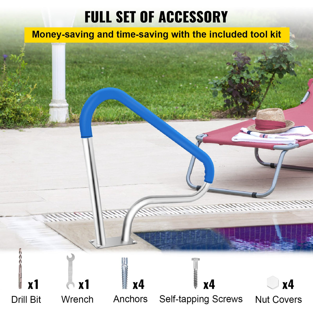 VEVOR Pool Handrails 99 × 81 cm, 304 Stainless Steel Safety Handrails for Swimming Pools with 113 kg Load Capacity, Silver, Rust-Resistant, with Blue Grip Cover, M8 Drill Bits and Self-Tapping Screws