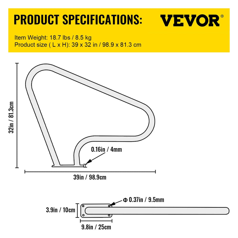 VEVOR baseina margas 99 × 81 cm, 304. klases nerūsējošā tērauda drošības margas peldbaseinam ar 113 kg kravnesību, sudrabainas, rūsas izturīgas, ar zilu satvēriena pārvalku, M8 urbja uzgali un pašurbjošām skrūvēm