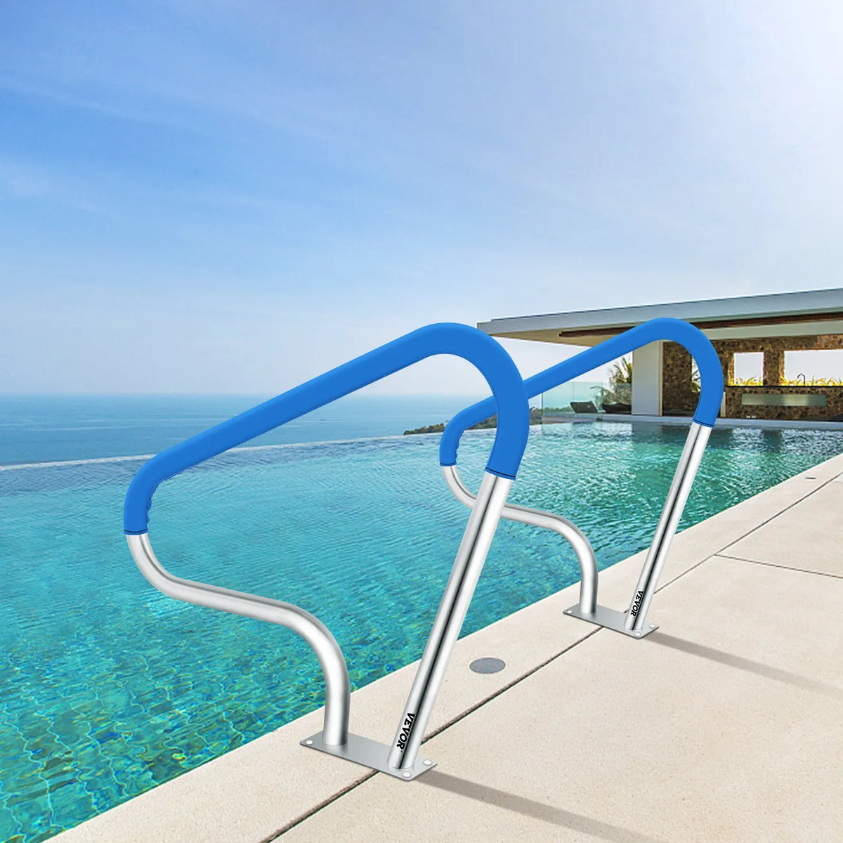 VEVOR Pool Handrails 99 × 81 cm, 304 Stainless Steel Safety Handrails for Swimming Pools with 113 kg Load Capacity, Silver, Rust-Resistant, with Blue Grip Cover, M8 Drill Bits and Self-Tapping Screws
