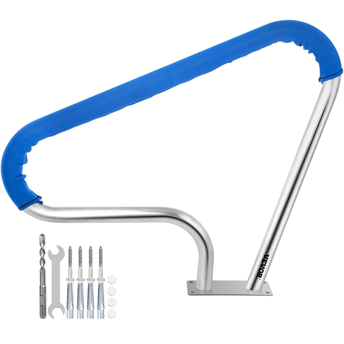 VEVOR Pool Handrails 99 × 81 cm, 304 Stainless Steel Safety Handrails for Swimming Pools with 113 kg Load Capacity, Silver, Rust-Resistant, with Blue Grip Cover, M8 Drill Bits and Self-Tapping Screws