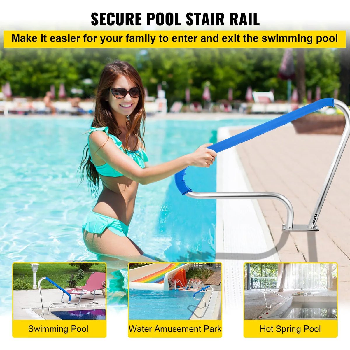 VEVOR Pool Handrail 122 × 91 cm, Stainless Steel 304, Load Capacity up to 113 kg, Silver, Rust-Resistant, Pool Handrail with Blue Grip Cover, Includes M8 Drill Bit and Self-Tapping Screws