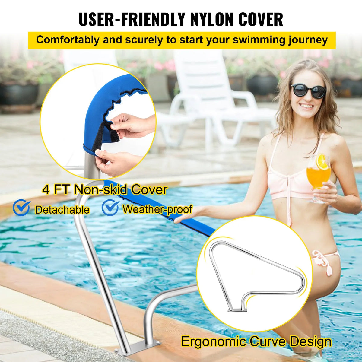 VEVOR Pool Handrail 122 × 91 cm, Stainless Steel 304, Load Capacity up to 113 kg, Silver, Rust-Resistant, Pool Handrail with Blue Grip Cover, Includes M8 Drill Bit and Self-Tapping Screws