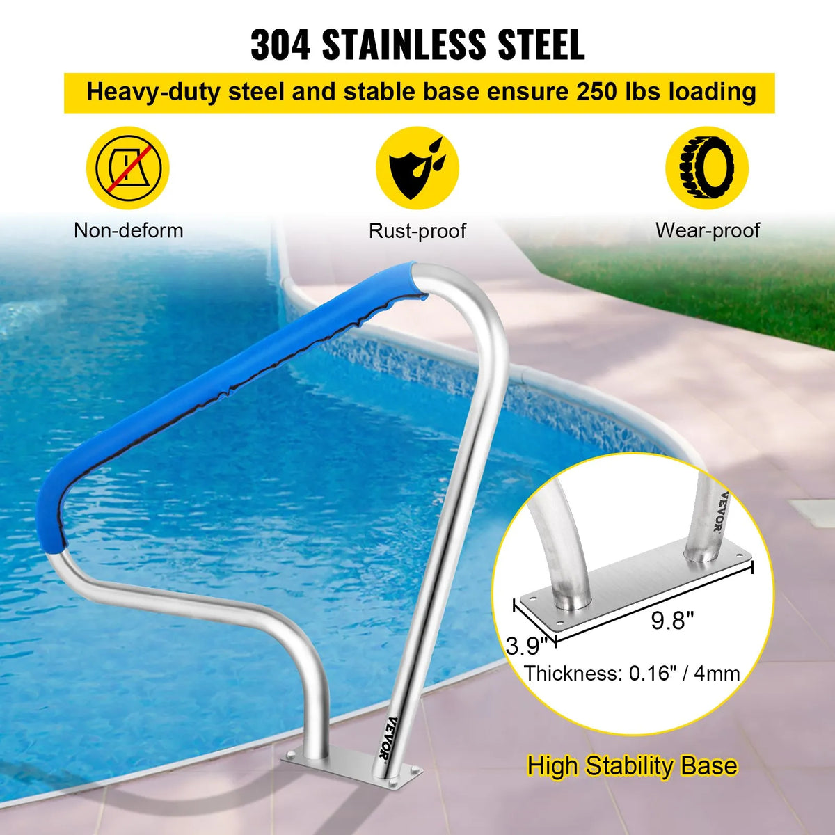 VEVOR Pool Handrail 122 × 91 cm, Stainless Steel 304, Load Capacity up to 113 kg, Silver, Rust-Resistant, Pool Handrail with Blue Grip Cover, Includes M8 Drill Bit and Self-Tapping Screws
