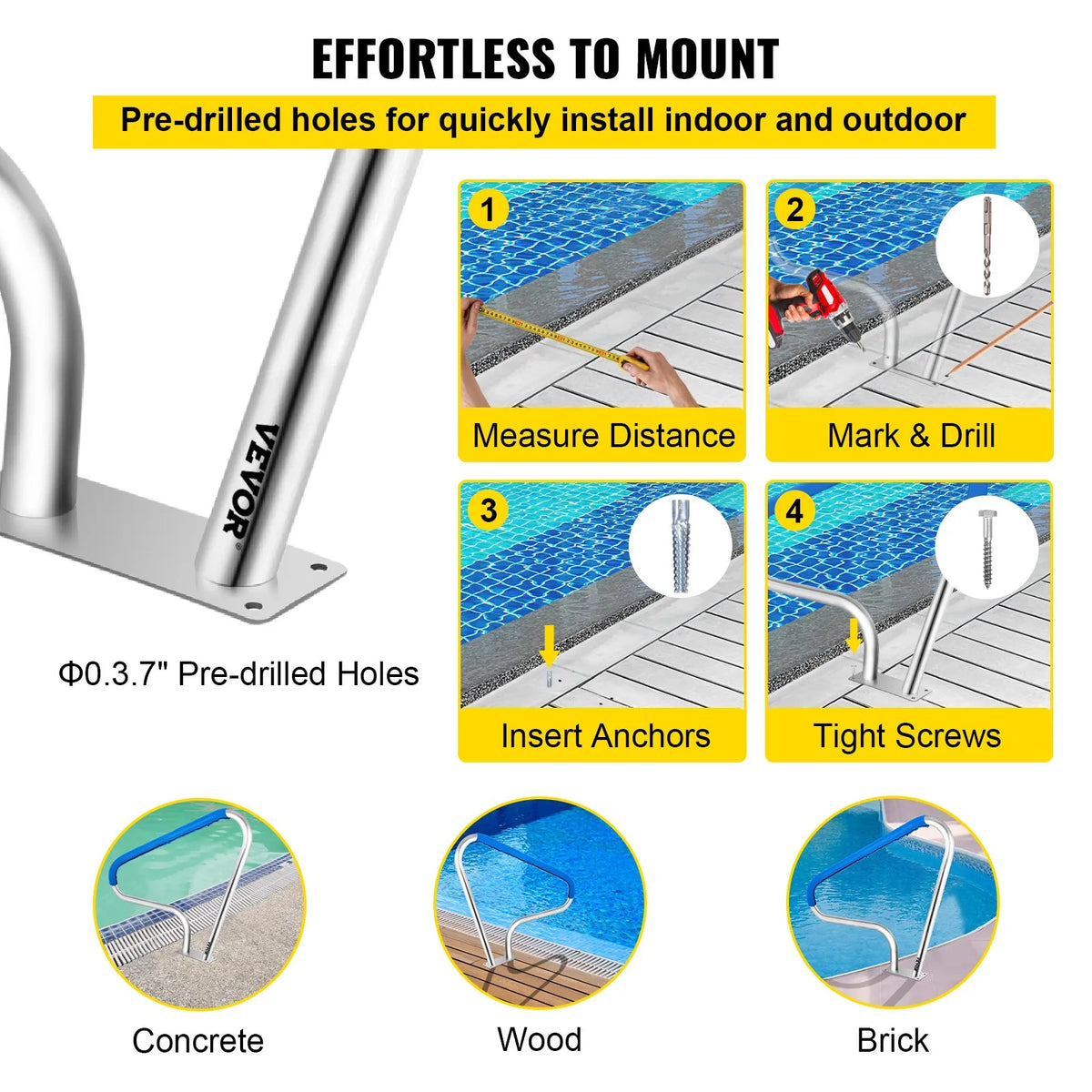 VEVOR Pool Handrail 122 × 91 cm, Stainless Steel 304, Load Capacity up to 113 kg, Silver, Rust-Resistant, Pool Handrail with Blue Grip Cover, Includes M8 Drill Bit and Self-Tapping Screws