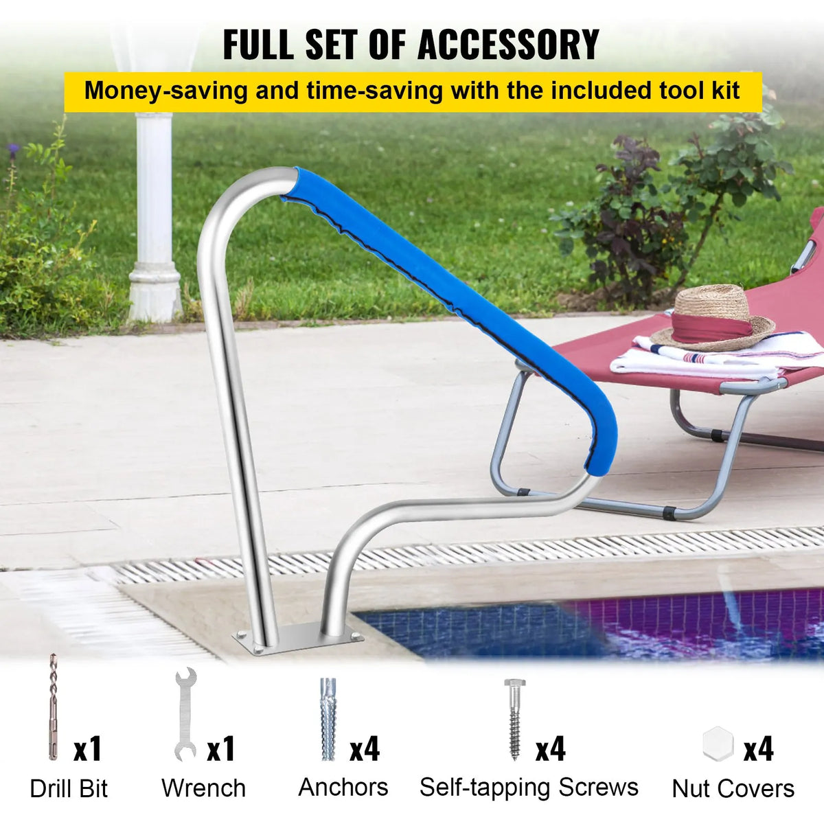 VEVOR Pool Handrail 122 × 91 cm, Stainless Steel 304, Load Capacity up to 113 kg, Silver, Rust-Resistant, Pool Handrail with Blue Grip Cover, Includes M8 Drill Bit and Self-Tapping Screws