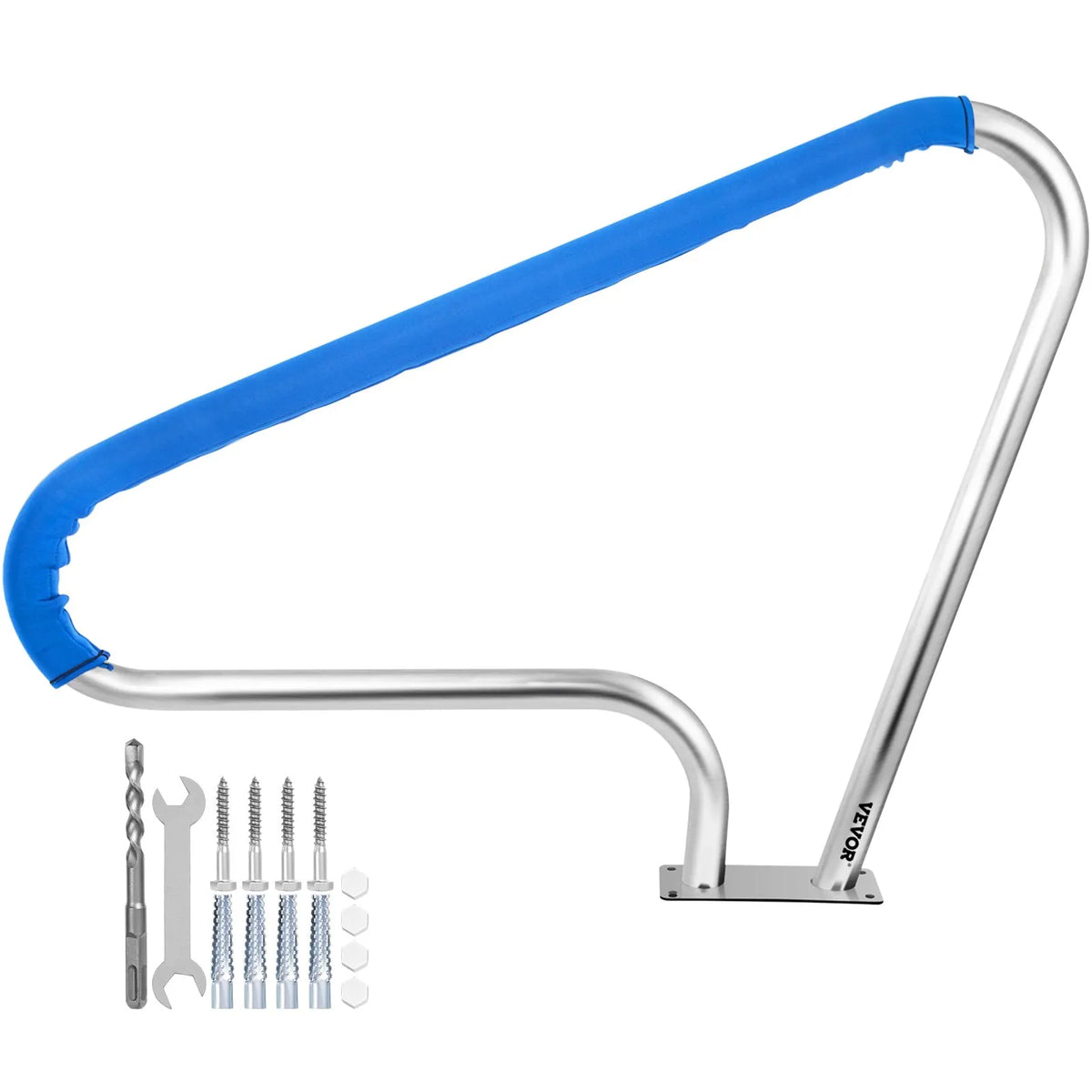 VEVOR Pool Handrail 122 × 91 cm, Stainless Steel 304, Load Capacity up to 113 kg, Silver, Rust-Resistant, Pool Handrail with Blue Grip Cover, Includes M8 Drill Bit and Self-Tapping Screws