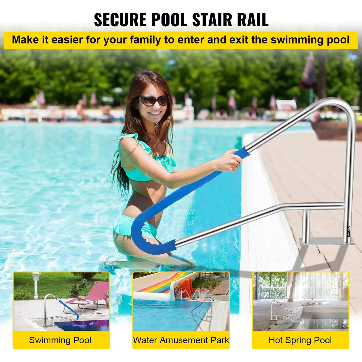 VEVOR Pool Handrails 139.7 × 81.3 cm, Grade 304 Stainless Steel, Load Capacity up to 113.4 kg, Silver, Rust-Resistant, Ergonomic Pool Handrails with Blue Grip Coating, Includes M8 Drill Bit and Self-Tapping Screws