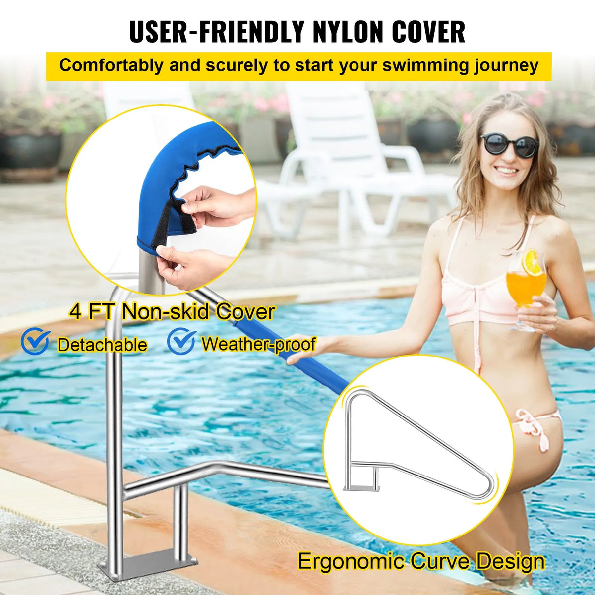 VEVOR Pool Handrails 139.7 × 81.3 cm, Grade 304 Stainless Steel, Load Capacity up to 113.4 kg, Silver, Rust-Resistant, Ergonomic Pool Handrails with Blue Grip Coating, Includes M8 Drill Bit and Self-Tapping Screws