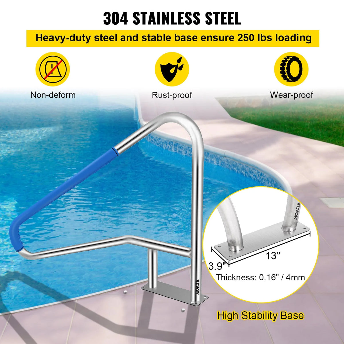 VEVOR Pool Handrails 139.7 × 81.3 cm, Grade 304 Stainless Steel, Load Capacity up to 113.4 kg, Silver, Rust-Resistant, Ergonomic Pool Handrails with Blue Grip Coating, Includes M8 Drill Bit and Self-Tapping Screws