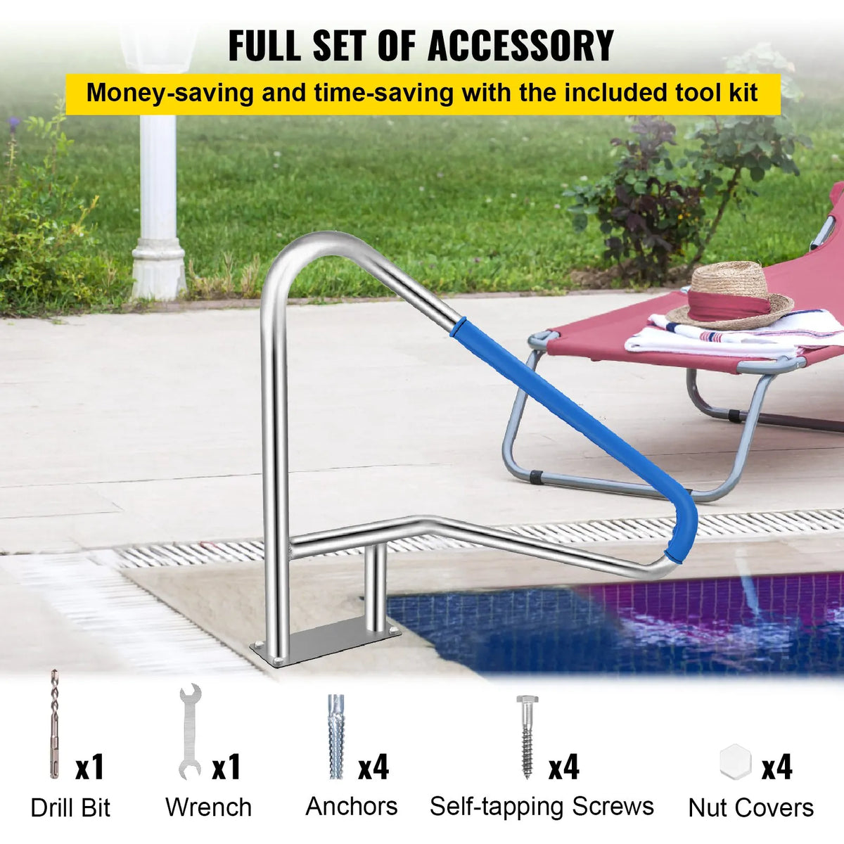 VEVOR Pool Handrails 139.7 × 81.3 cm, Grade 304 Stainless Steel, Load Capacity up to 113.4 kg, Silver, Rust-Resistant, Ergonomic Pool Handrails with Blue Grip Coating, Includes M8 Drill Bit and Self-Tapping Screws