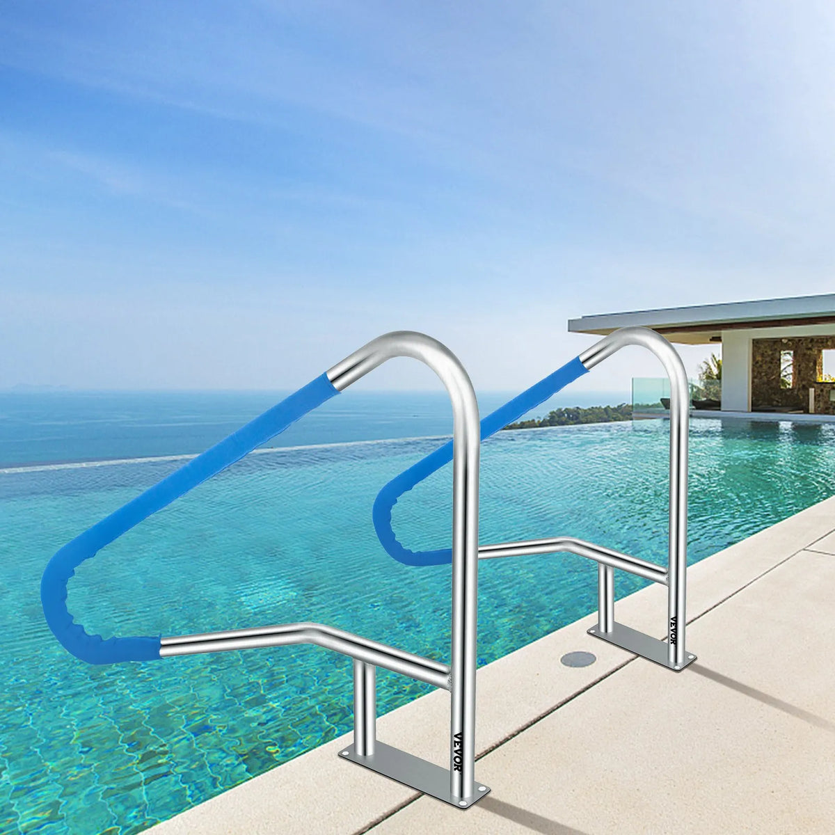 VEVOR Pool Handrails 139.7 × 81.3 cm, Grade 304 Stainless Steel, Load Capacity up to 113.4 kg, Silver, Rust-Resistant, Ergonomic Pool Handrails with Blue Grip Coating, Includes M8 Drill Bit and Self-Tapping Screws
