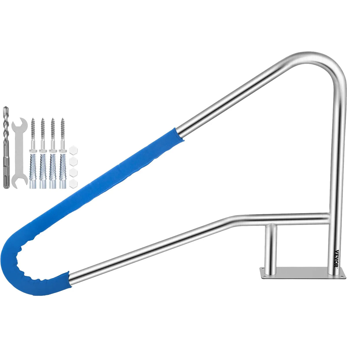 VEVOR Pool Handrails 139.7 × 81.3 cm, Grade 304 Stainless Steel, Load Capacity up to 113.4 kg, Silver, Rust-Resistant, Ergonomic Pool Handrails with Blue Grip Coating, Includes M8 Drill Bit and Self-Tapping Screws