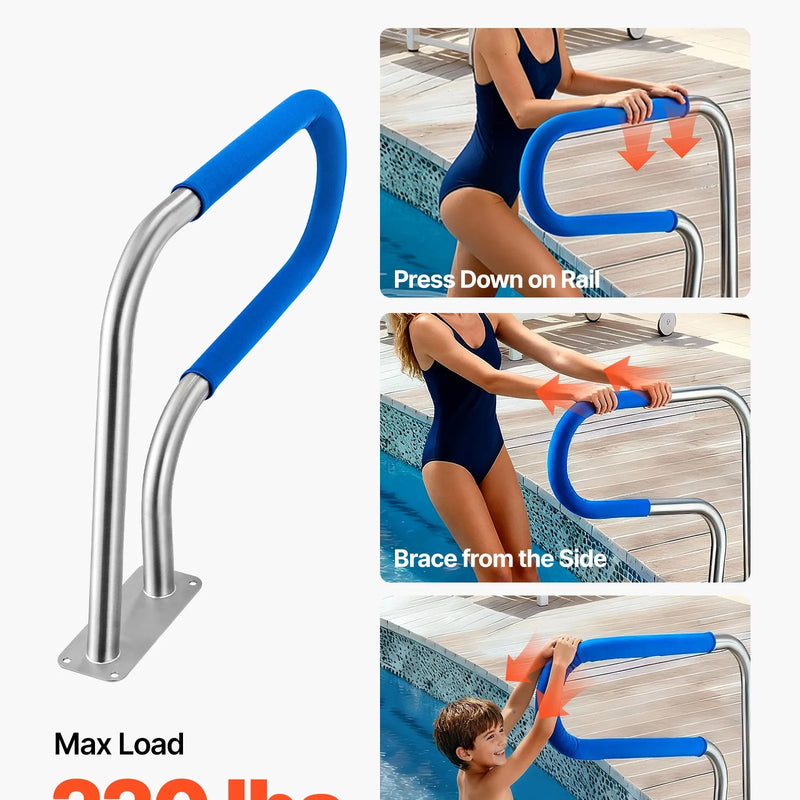 VEVOR baseina margas 78,8 × 55,8 cm, pastiprinātas 304 nerūsējošā tērauda peldbaseina margas ar nestspēju līdz 100 kg, noņemams neslīdošs roktura pārvalks, bagātīgs piederumu komplekts lietošanai pie baseina, akvaparkos un spa centros