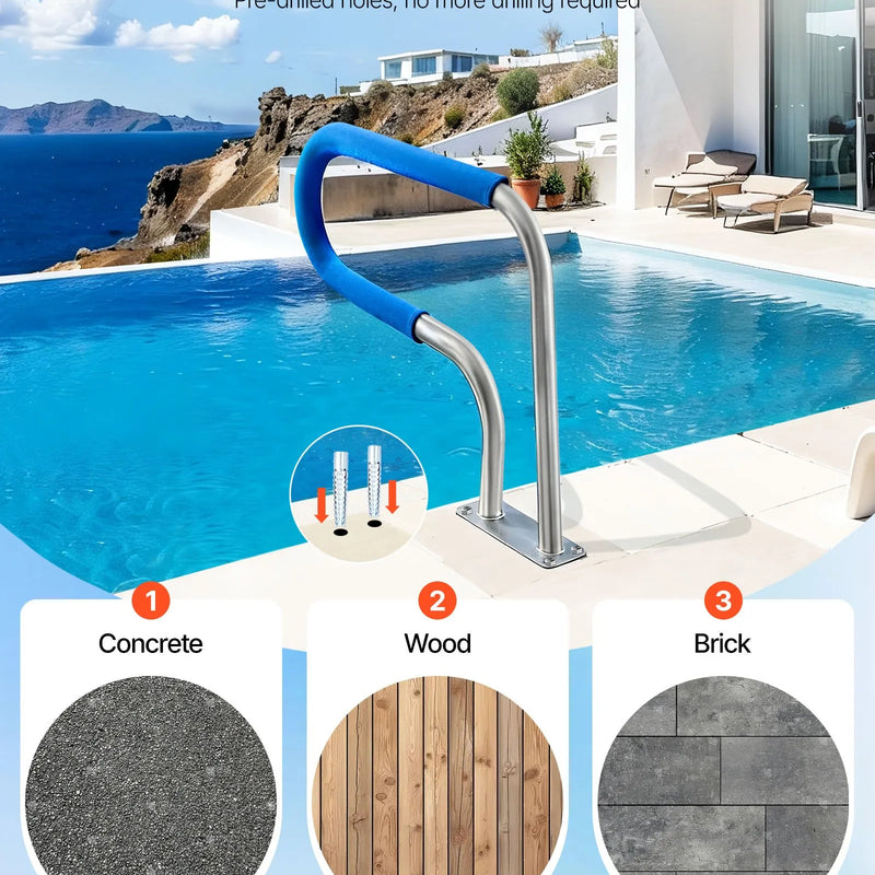 VEVOR baseina margas 78,8 × 55,8 cm, pastiprinātas 304 nerūsējošā tērauda peldbaseina margas ar nestspēju līdz 100 kg, noņemams neslīdošs roktura pārvalks, bagātīgs piederumu komplekts lietošanai pie baseina, akvaparkos un spa centros