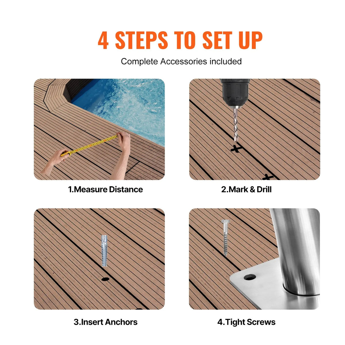 VEVOR Pool Handrails 2 pcs, 76.2 × 76.2 cm, Stainless Steel Safety Handrails with Base Plate for Indoor and Outdoor Pools, Pool Safety Railing Covers, Rust-Resistant Grab Bar with Handle Cover and Accessories for Spa Areas