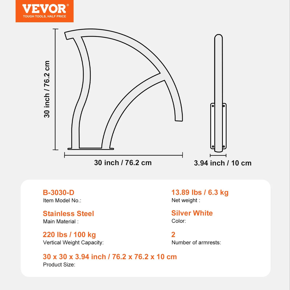 VEVOR Pool Handrails 2 pcs, 76.2 × 76.2 cm, Stainless Steel Safety Handrails with Base Plate for Indoor and Outdoor Pools, Pool Safety Railing Covers, Rust-Resistant Grab Bar with Handle Cover and Accessories for Spa Areas