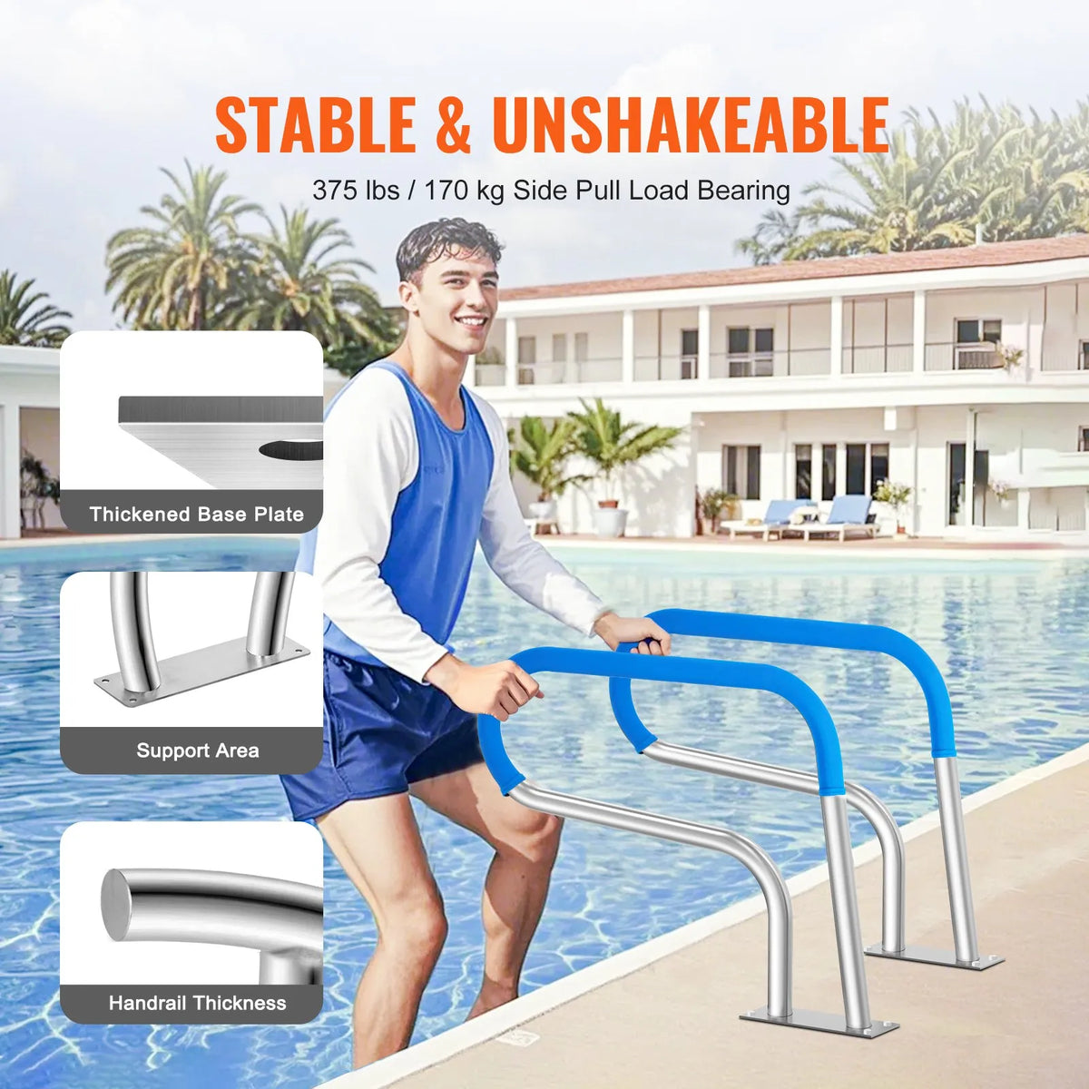 VEVOR Pool Handrails 81 × 58 cm, Stainless Steel with Base Plate, Safety Grab Rails for Indoor and Outdoor Pools, Rust-Resistant Handle with Grip Cover and Accessories for SPA Areas