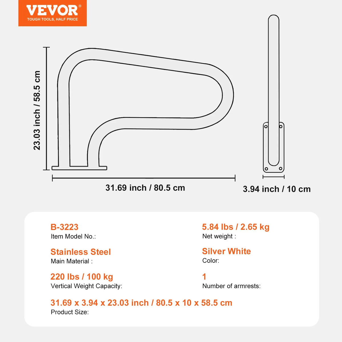 VEVOR Pool Handrails 81 × 58 cm, Stainless Steel with Base Plate, Safety Grab Rails for Indoor and Outdoor Pools, Rust-Resistant Handle with Grip Cover and Accessories for SPA Areas