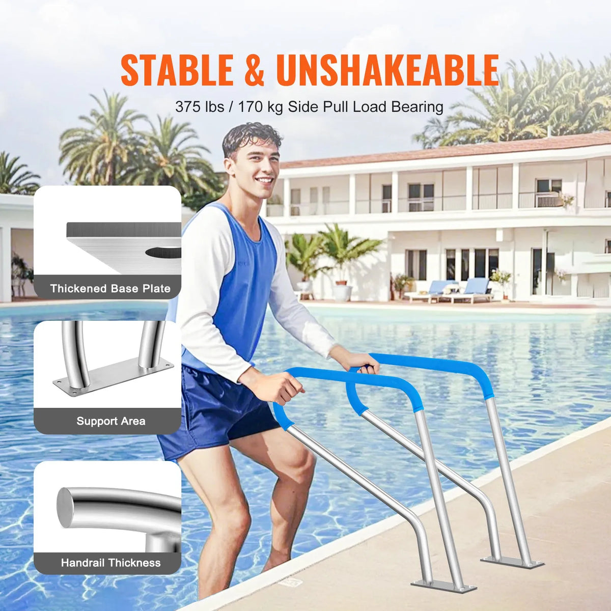 VEVOR Pool Handrails 99 × 81 cm, Stainless Steel Safety Handrails with Base Plate for Indoor and Outdoor Pools, Non-Slip Grab Bar with Coating and Accessories for Spa Areas