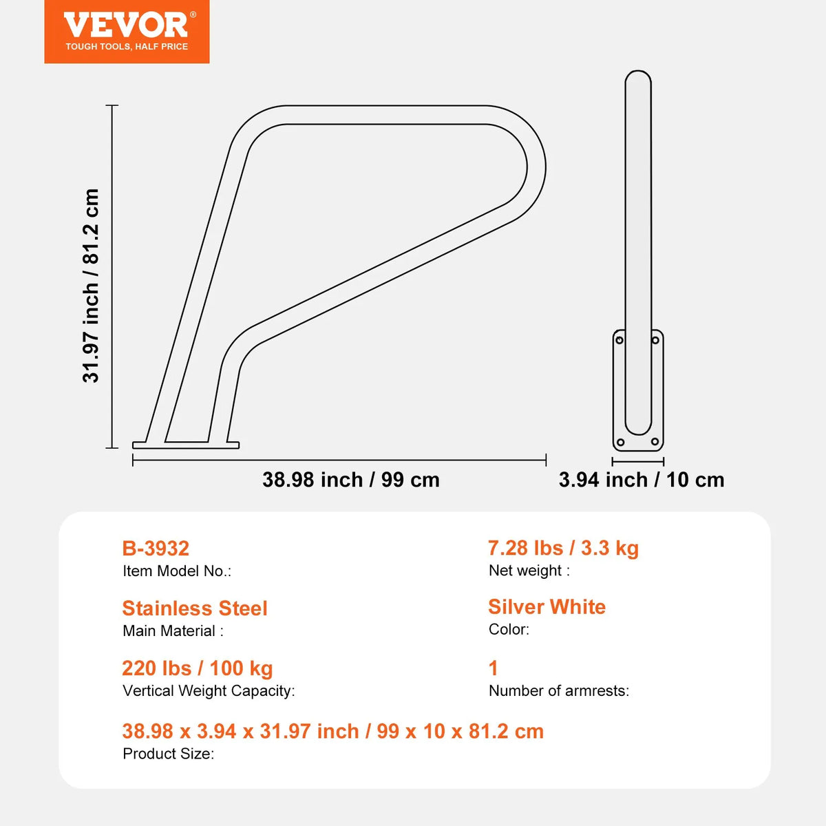 VEVOR Pool Handrails 99 × 81 cm, Stainless Steel Safety Handrails with Base Plate for Indoor and Outdoor Pools, Non-Slip Grab Bar with Coating and Accessories for Spa Areas