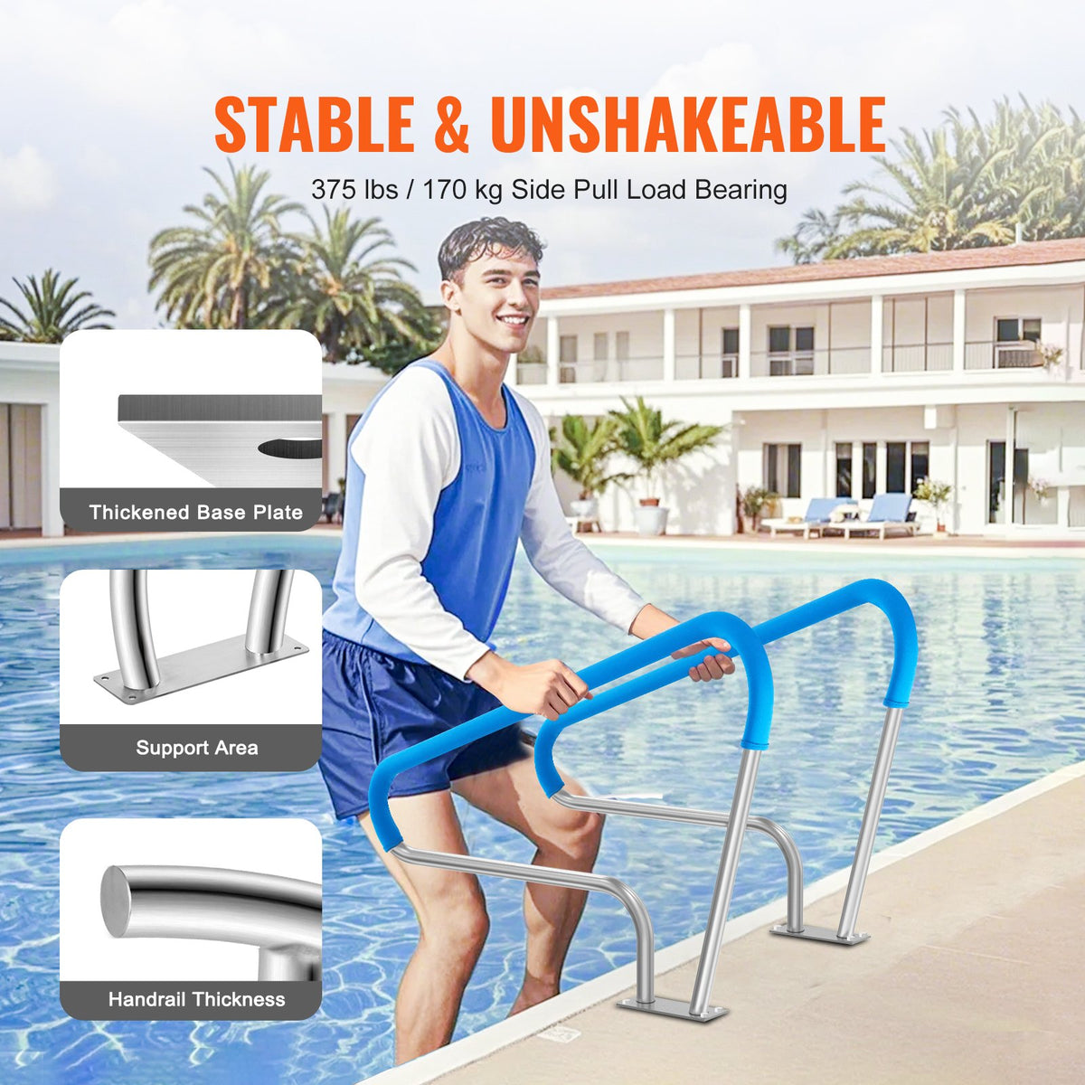 VEVOR Pool Handrails, 2 pcs, 122 × 91 cm, Stainless Steel Safety Handrails with Base Plate for Indoor and Outdoor Pools, Rust-Resistant Grip Handles with Covers and Accessories for SPA Zones