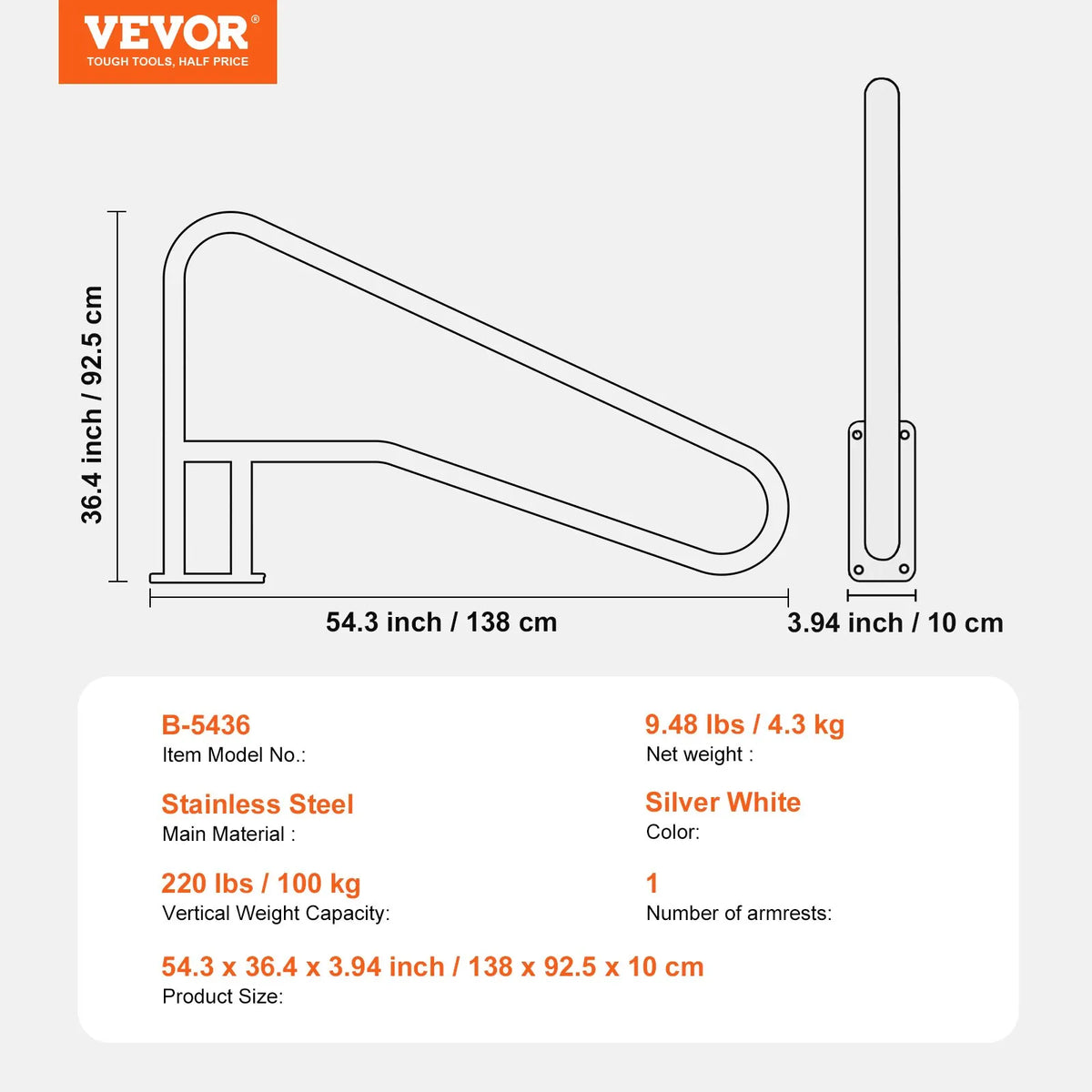 VEVOR Pool Handrails 1379 × 925 × 100 mm, Stainless Steel Safety Handrails with Base Plate for Indoor and Outdoor Pools, Pool Safety Railing Covers, Rust-Resistant Grab Bar with Handle Cover and Accessories for Spa Areas