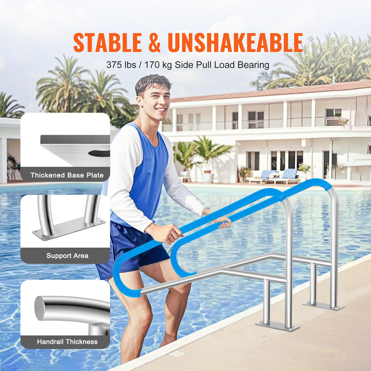 VEVOR Pool Handrails 2 pcs, 140 × 81 cm, Stainless Steel Handrails with Base Plate for Indoor and Outdoor Pools, Pool Safety Handrail Covers, Rust-Resistant Grab Bar with Handle Cover and Accessories for Spa Areas