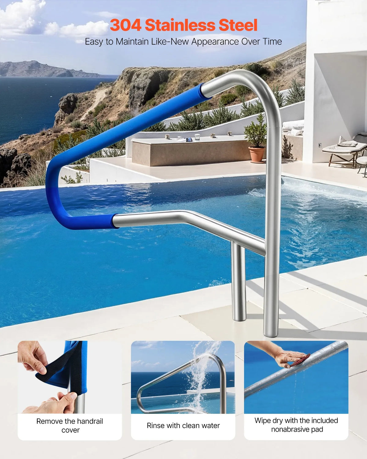 VEVOR Pool Handrails 137.1 × 81.3 cm, Reinforced 304 Stainless Steel Pool Handrails with 100 kg Load Capacity, Removable Non-Slip Handle Cover, for In-Ground or Above-Ground Installation, Suitable for Pool Edges and Water Parks