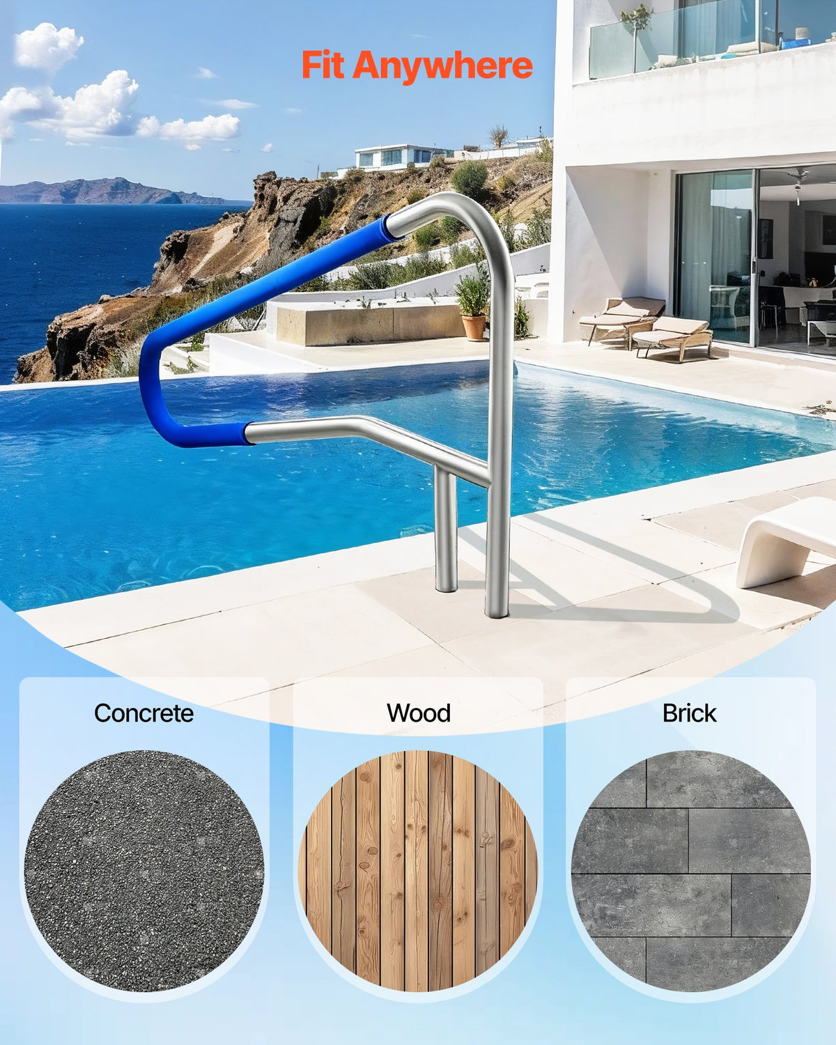 VEVOR Pool Handrails 137.1 × 81.3 cm, Reinforced 304 Stainless Steel Pool Handrails with 100 kg Load Capacity, Removable Non-Slip Handle Cover, for In-Ground or Above-Ground Installation, Suitable for Pool Edges and Water Parks