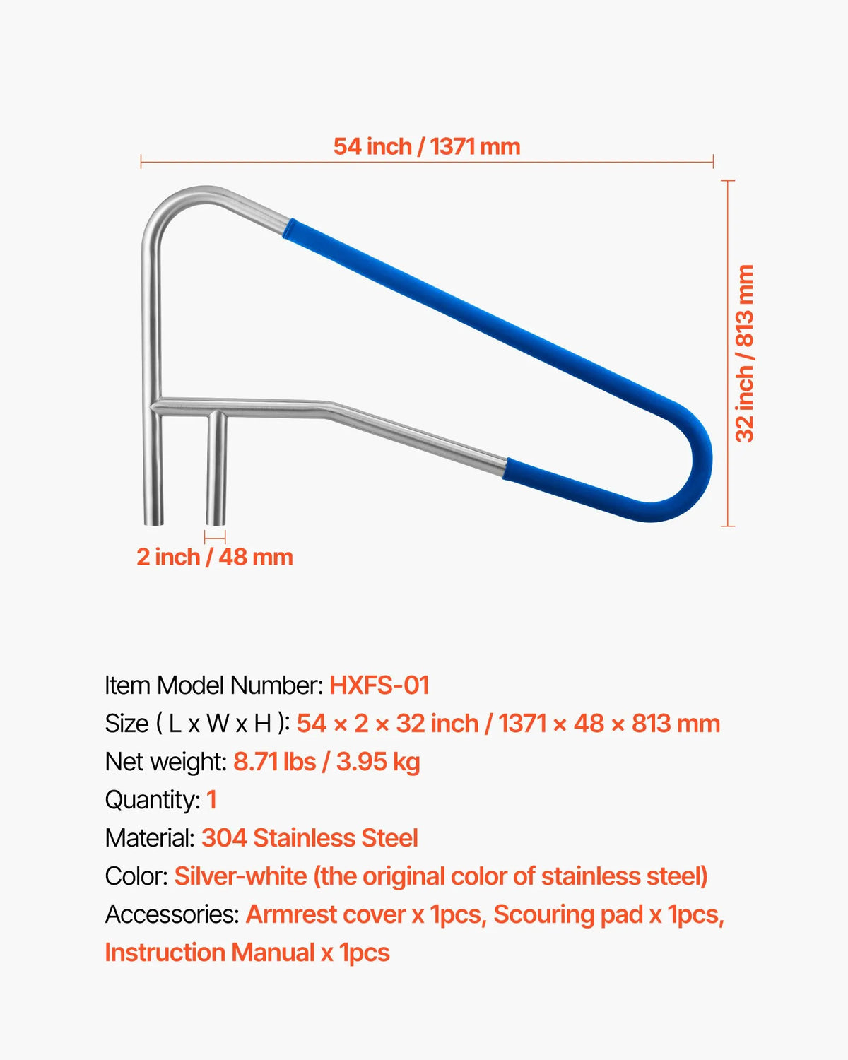 VEVOR Pool Handrails 137.1 × 81.3 cm, Reinforced 304 Stainless Steel Pool Handrails with 100 kg Load Capacity, Removable Non-Slip Handle Cover, for In-Ground or Above-Ground Installation, Suitable for Pool Edges and Water Parks