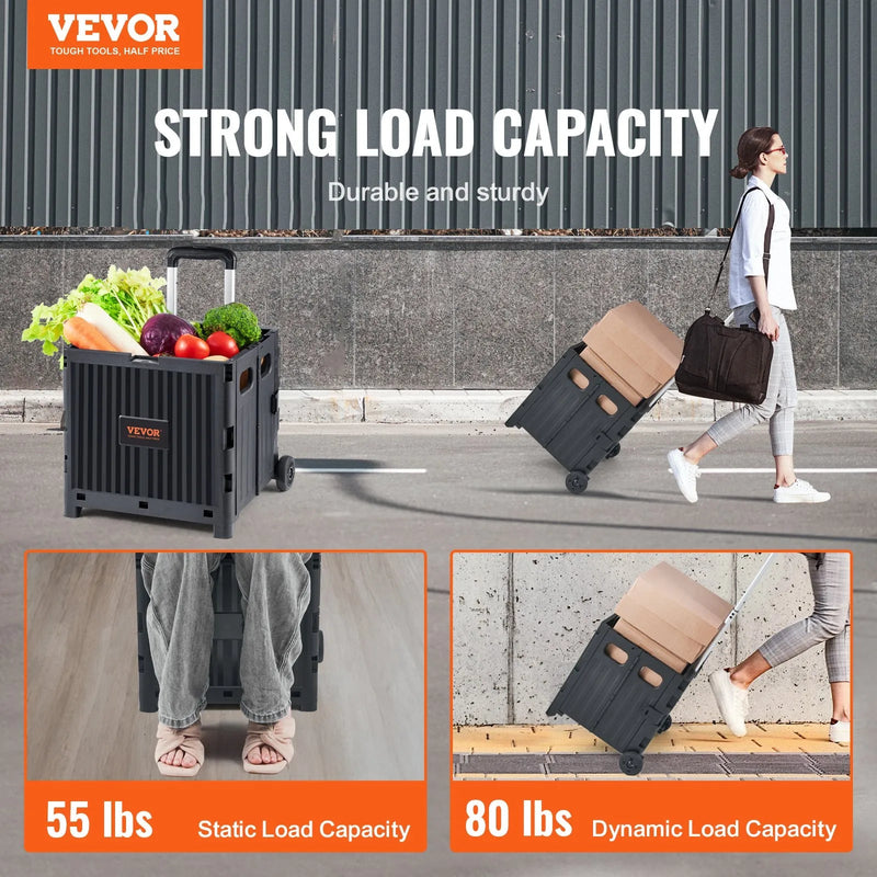 VEVOR salokāmi universālie ratiņi, kravnesība 36 kg, pārvietojama kaste uz 2 riteņiem ar teleskopisku rokturi, piemērota ceļošanai, iepirkumiem, bagāžai un birojam, melna - ZEMLETES.LV