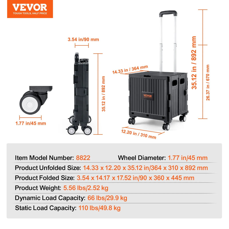 VEVOR salokāmi universālie ratiņi, kravnesība 50 kg, pārvietojama kaste uz riteņiem ar teleskopisku rokturi un 4 grozāmiem riteņiem, piemērota ceļošanai, iepirkumiem, bagāžai un birojam, melna - ZEMLETES.LV