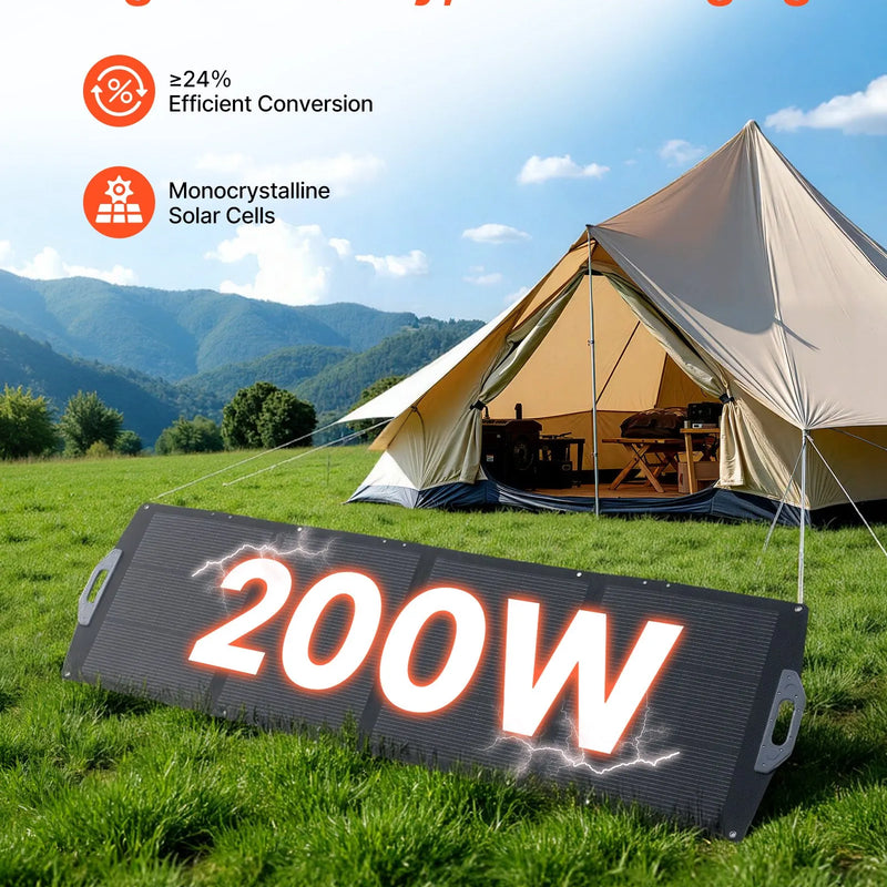 VEVOR salokāms saules panelis S200, 200 W, monokristālisks, ≥24% efektivitāte, MC4, USB-A, USB-C un DC, IP67, pārnēsājams, enerģijas stacijām, kempingam un pārgājieniem