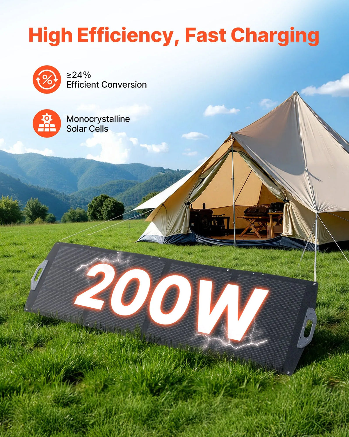 VEVOR salokāms saules panelis S200, 200 W, monokristālisks, ≥24% efektivitāte, MC4, USB-A, USB-C un DC, IP67, pārnēsājams, enerģijas stacijām, kempingam un pārgājieniem