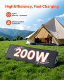 VEVOR salokāms saules panelis S200, 200 W, monokristālisks, ≥24% efektivitāte, MC4, USB-A, USB-C un DC, IP67, pārnēsājams, enerģijas stacijām, kempingam un pārgājieniem