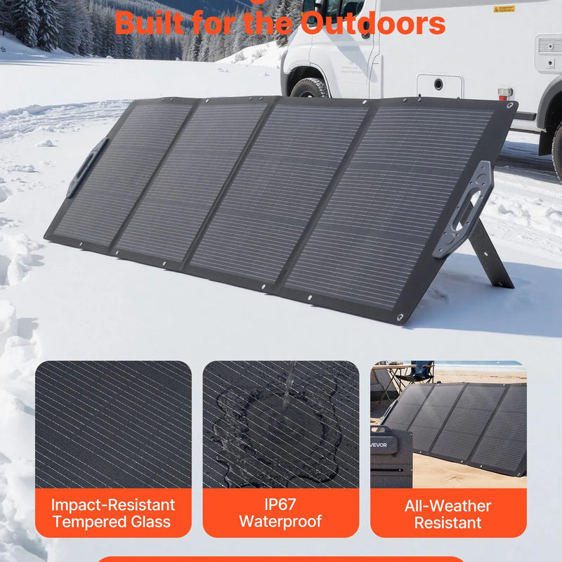VEVOR salokāms saules panelis S200, 200 W, monokristālisks, ≥24% efektivitāte, MC4, USB-A, USB-C un DC, IP67, pārnēsājams, enerģijas stacijām, kempingam un pārgājieniem