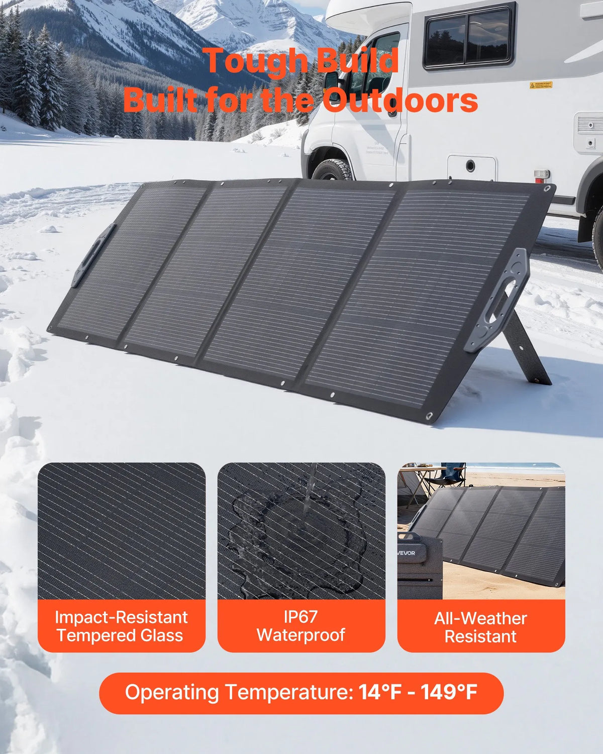 VEVOR salokāms saules panelis S200, 200 W, monokristālisks, ≥24% efektivitāte, MC4, USB-A, USB-C un DC, IP67, pārnēsājams, enerģijas stacijām, kempingam un pārgājieniem