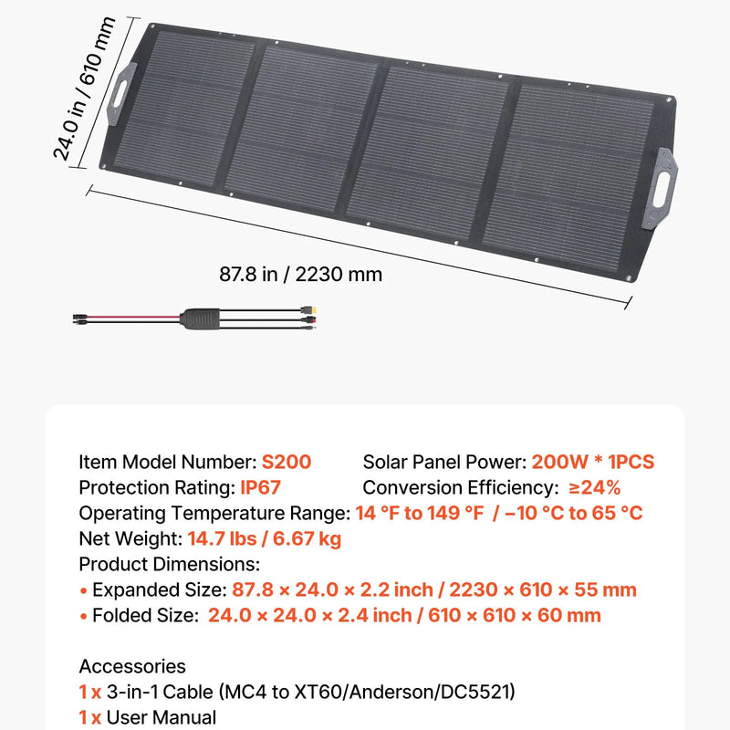 VEVOR salokāms saules panelis S200, 200 W, monokristālisks, ≥24% efektivitāte, MC4, USB-A, USB-C un DC, IP67, pārnēsājams, enerģijas stacijām, kempingam un pārgājieniem