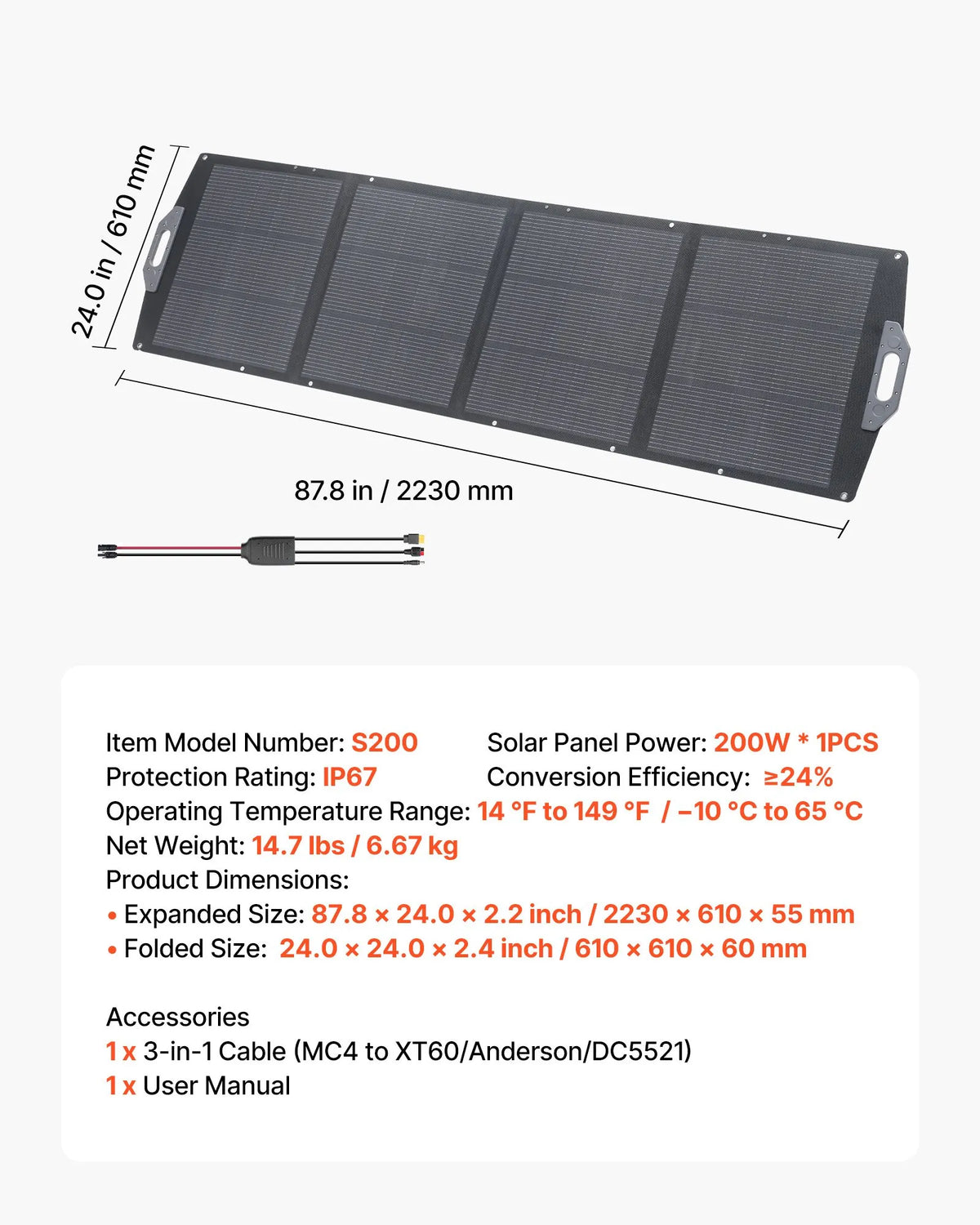 VEVOR salokāms saules panelis S200, 200 W, monokristālisks, ≥24% efektivitāte, MC4, USB-A, USB-C un DC, IP67, pārnēsājams, enerģijas stacijām, kempingam un pārgājieniem