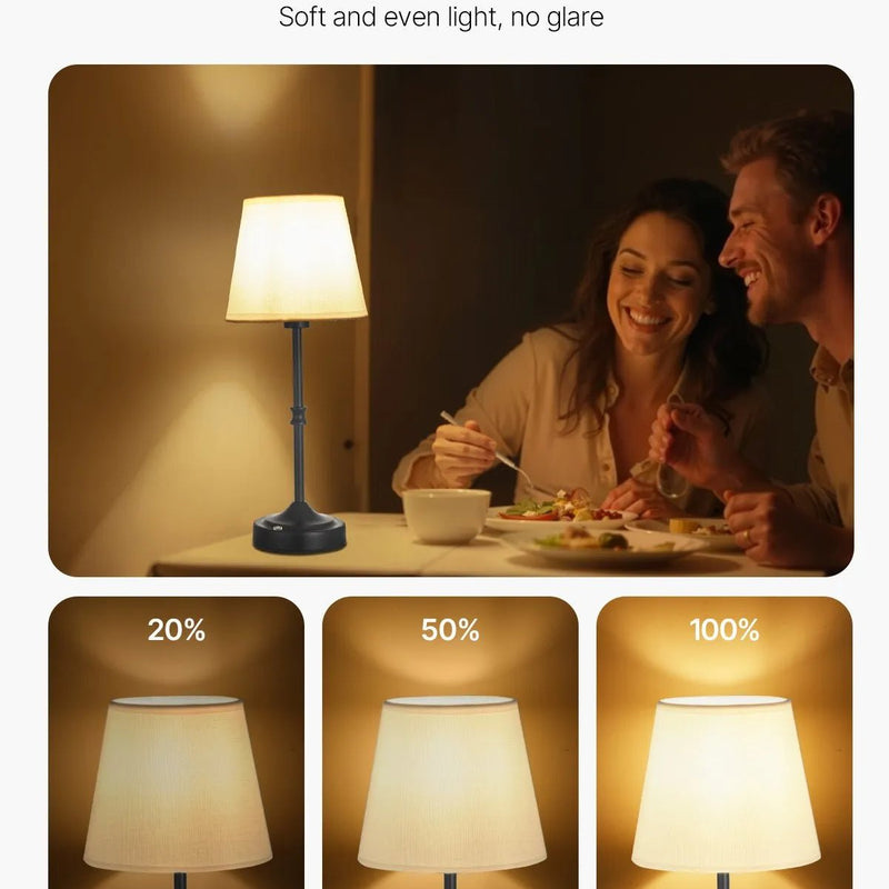 VEVOR bezvadu galda lampa 2 gab., ar iebūvētu 5200 mAh akumulatoru, 3 spilgtuma līmeņi, auduma abažūrs, 2700–3000 K krāsu temperatūra, galda lampa restorānam, guļamistabai un bāram, melna - ZEMLETES.LV