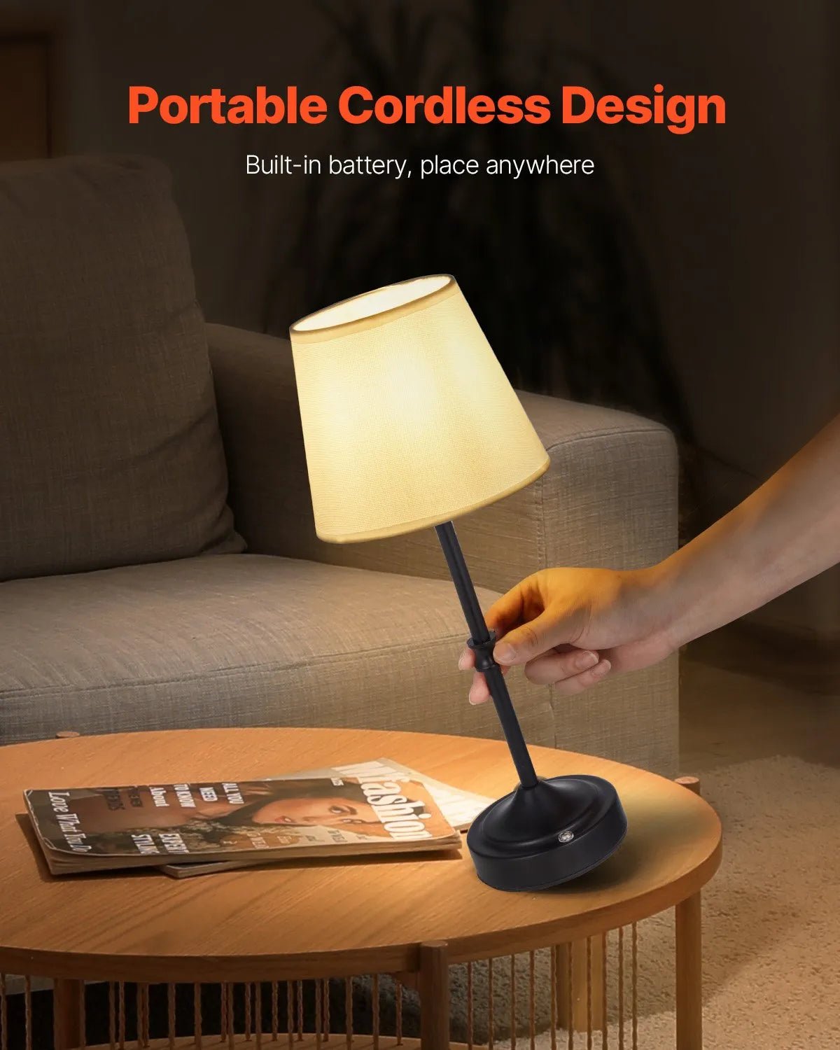 VEVOR bezvadu galda lampa 2 gab., ar iebūvētu 5200 mAh akumulatoru, 3 spilgtuma līmeņi, auduma abažūrs, 2700–3000 K krāsu temperatūra, galda lampa restorānam, guļamistabai un bāram, melna - ZEMLETES.LV