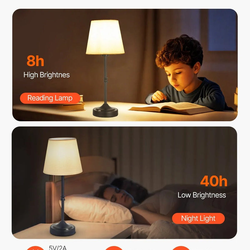 VEVOR bezvadu galda lampa 2 gab., ar iebūvētu 5200 mAh akumulatoru, 3 spilgtuma līmeņi, auduma abažūrs, 2700–3000 K krāsu temperatūra, galda lampa restorānam, guļamistabai un bāram, melna - ZEMLETES.LV