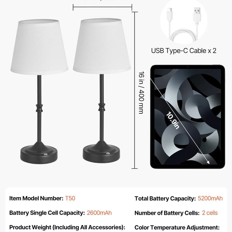 VEVOR bezvadu galda lampa 2 gab., ar iebūvētu 5200 mAh akumulatoru, 3 spilgtuma līmeņi, auduma abažūrs, 2700–3000 K krāsu temperatūra, galda lampa restorānam, guļamistabai un bāram, melna - ZEMLETES.LV