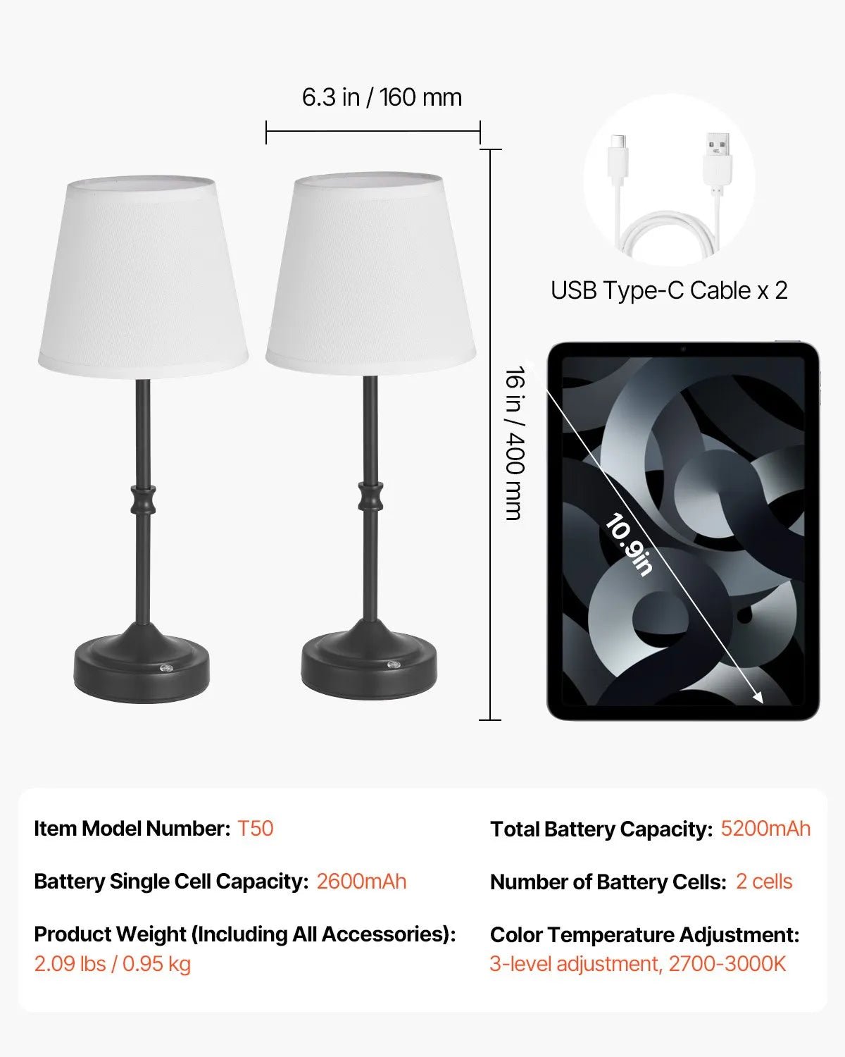 VEVOR bezvadu galda lampa 2 gab., ar iebūvētu 5200 mAh akumulatoru, 3 spilgtuma līmeņi, auduma abažūrs, 2700–3000 K krāsu temperatūra, galda lampa restorānam, guļamistabai un bāram, melna - ZEMLETES.LV