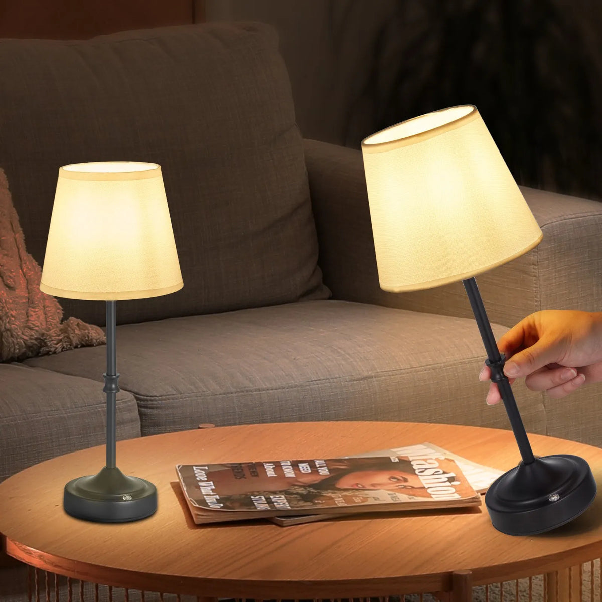 VEVOR bezvadu galda lampa 2 gab., ar iebūvētu 5200 mAh akumulatoru, 3 spilgtuma līmeņi, auduma abažūrs, 2700–3000 K krāsu temperatūra, galda lampa restorānam, guļamistabai un bāram, melna - ZEMLETES.LV