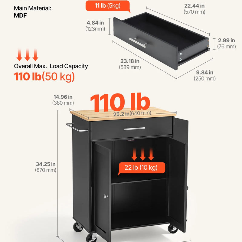 VEVOR virtuves sala uz riteņiem ar uzglabāšanas vietu, 795 mm plata mobilā virtuves sala ar grozāmiem riteņiem, atvilktni, uzglabāšanas skapi un garšvielu/dvieļu plauktu, galds mājai un ēdamistabai, melna